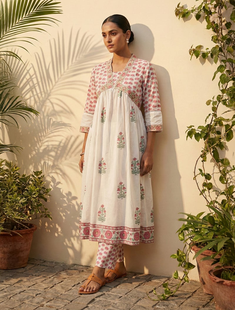 trueBrowns White Pink Boota Print Anarkali Kurta Pant Dupatta Set - Image 1